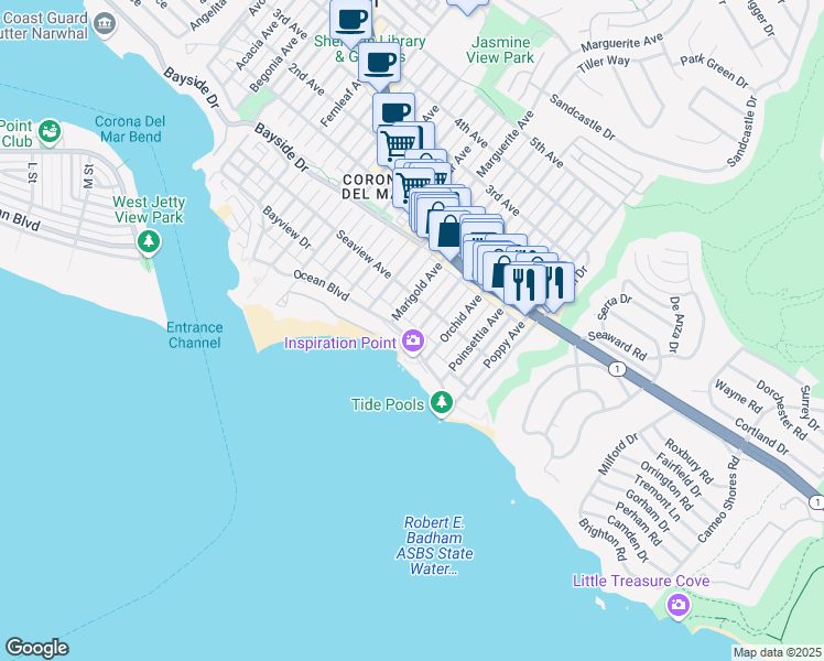 map of restaurants, bars, coffee shops, grocery stores, and more near 3428 Ocean Boulevard in Newport Beach