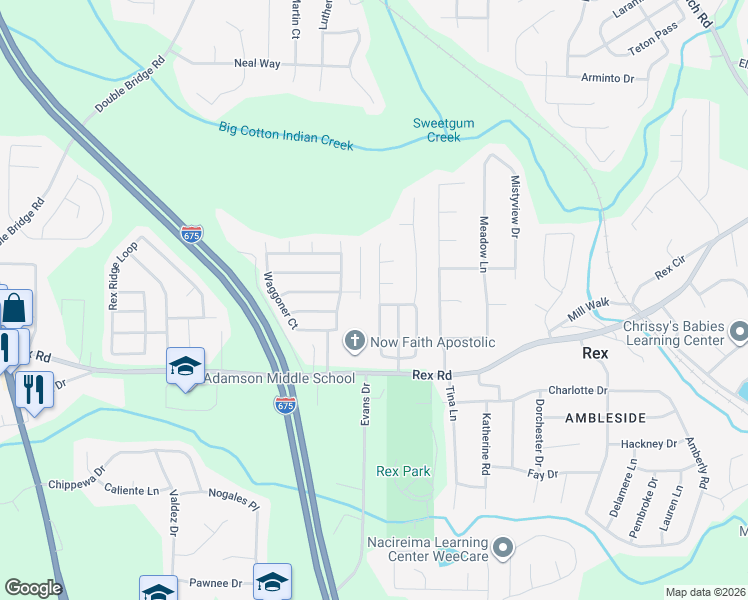 map of restaurants, bars, coffee shops, grocery stores, and more near 5907 Green Meadow Way in Rex
