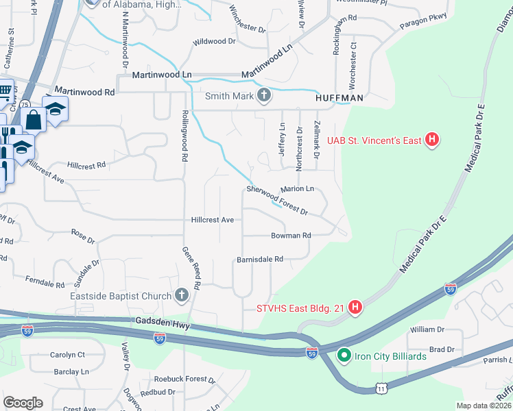 map of restaurants, bars, coffee shops, grocery stores, and more near 1106 Little John Lane in Birmingham