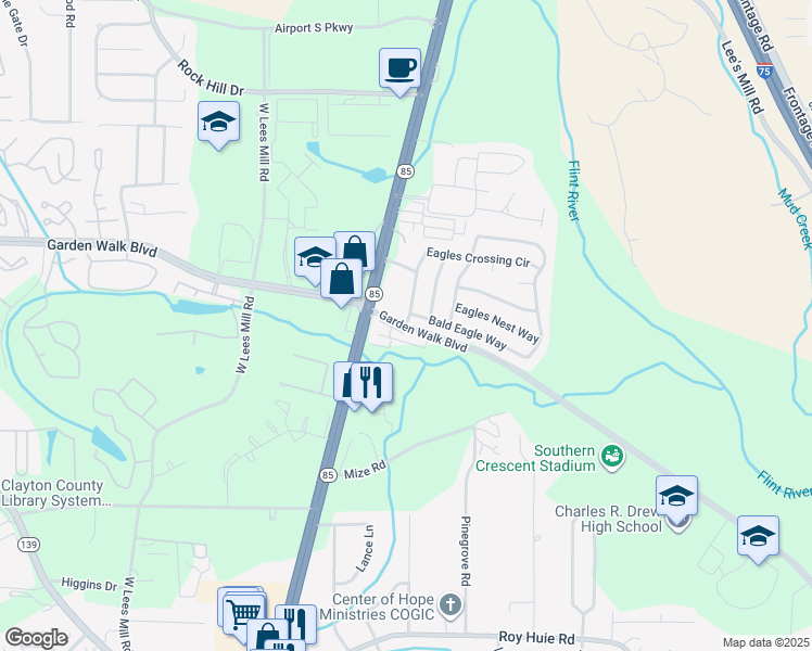 map of restaurants, bars, coffee shops, grocery stores, and more near 569 Eagles Crossing Circle in Riverdale