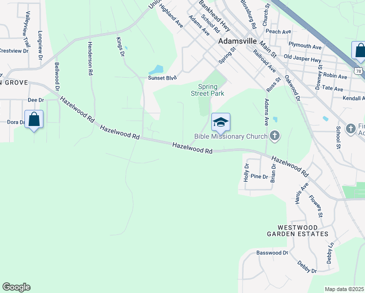 map of restaurants, bars, coffee shops, grocery stores, and more near Hazelwood Road in Adamsville