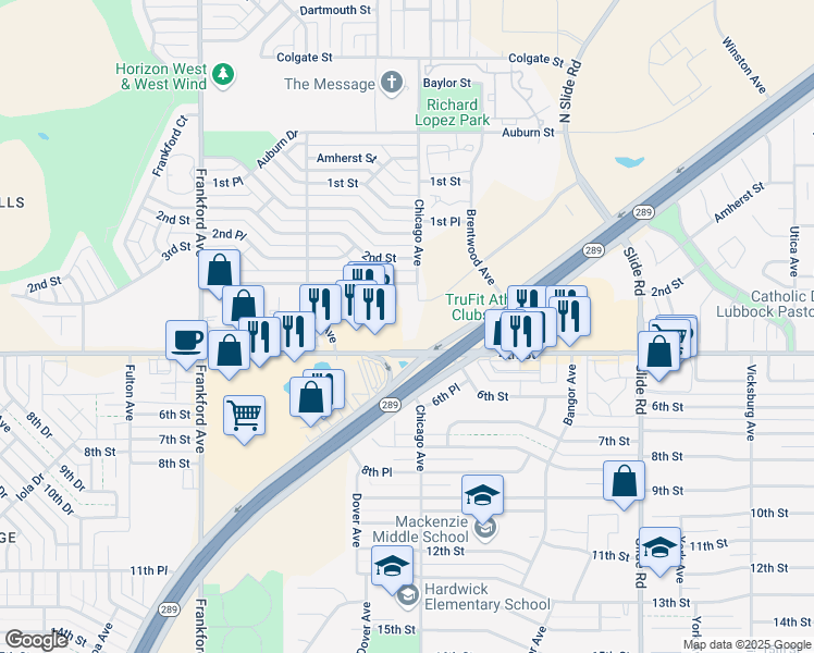 map of restaurants, bars, coffee shops, grocery stores, and more near 5502 4th Street in Lubbock