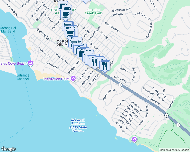 map of restaurants, bars, coffee shops, grocery stores, and more near 303 Poppy Avenue in Newport Beach