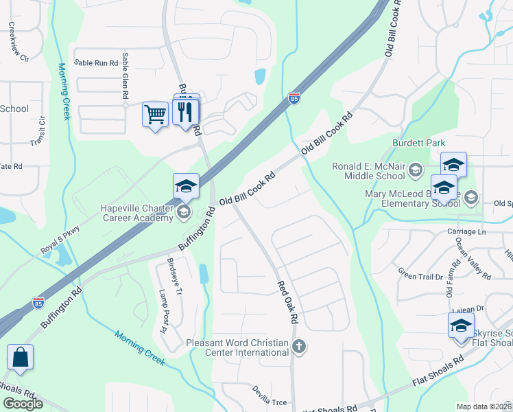 map of restaurants, bars, coffee shops, grocery stores, and more near 5990 Red Oak Road in College Park