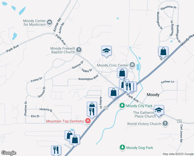 map of restaurants, bars, coffee shops, grocery stores, and more near 2004 Dorsett Circle in Moody