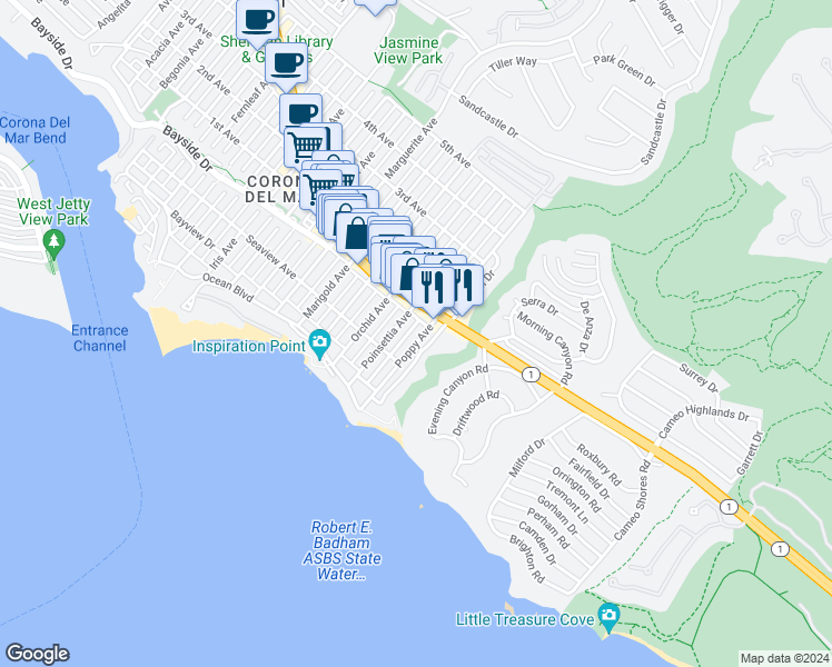 map of restaurants, bars, coffee shops, grocery stores, and more near 325 Poppy Avenue in Newport Beach