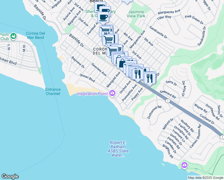 map of restaurants, bars, coffee shops, grocery stores, and more near 3428 Ocean Boulevard in Newport Beach