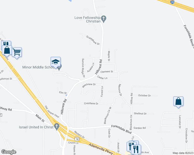 map of restaurants, bars, coffee shops, grocery stores, and more near 2907 Cedar Lane in Adamsville