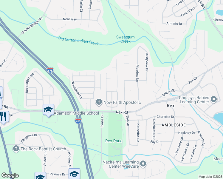 map of restaurants, bars, coffee shops, grocery stores, and more near 5927 Farmbrook Lane in Rex