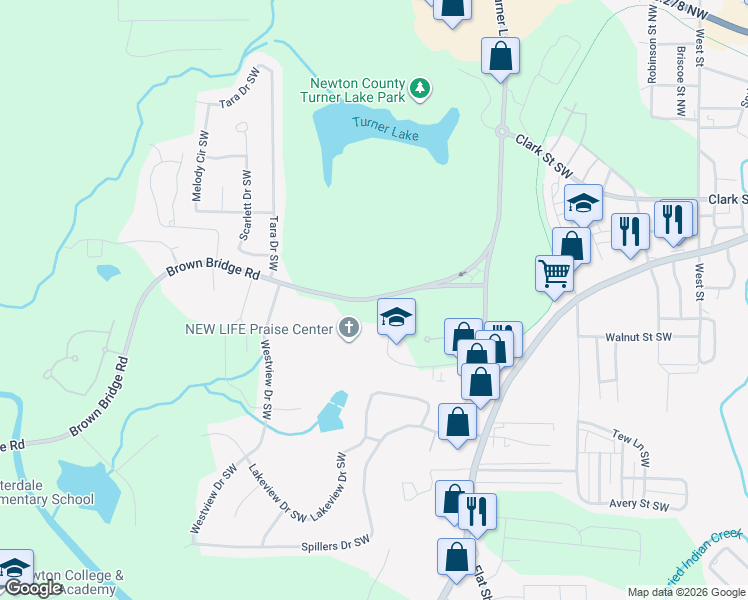 map of restaurants, bars, coffee shops, grocery stores, and more near 7167 Brown Bridge Road in Covington
