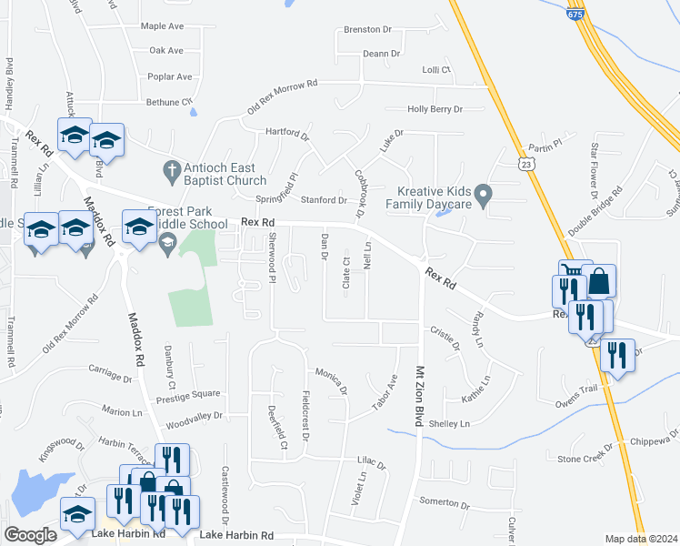 map of restaurants, bars, coffee shops, grocery stores, and more near 5913 Clate Court in Ellenwood