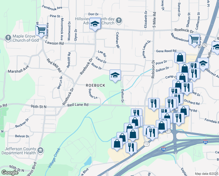 map of restaurants, bars, coffee shops, grocery stores, and more near 300 Red Lane Road in Birmingham