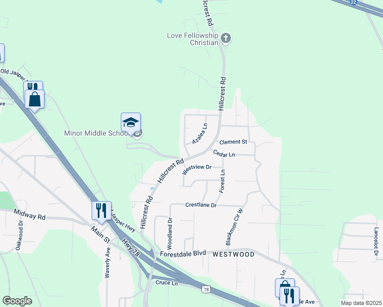 map of restaurants, bars, coffee shops, grocery stores, and more near 3012 Westview Lane in Adamsville