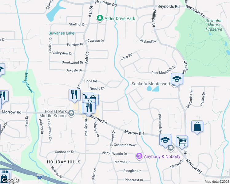 map of restaurants, bars, coffee shops, grocery stores, and more near 888 Cone Road in Forest Park