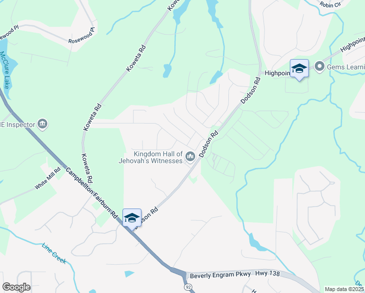 map of restaurants, bars, coffee shops, grocery stores, and more near 2127 Dodson Woods Drive in Fairburn