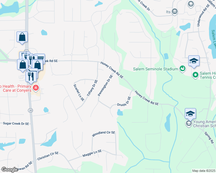 map of restaurants, bars, coffee shops, grocery stores, and more near 3611 Pennington Drive Southeast in Conyers