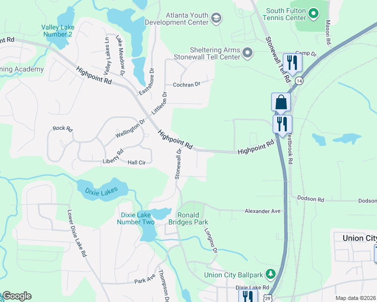 map of restaurants, bars, coffee shops, grocery stores, and more near 5144 Highpoint Road in Union City