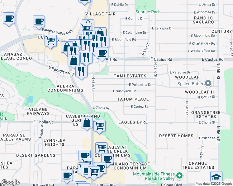 map of restaurants, bars, coffee shops, grocery stores, and more near 4909 East Poinsettia Drive in Scottsdale