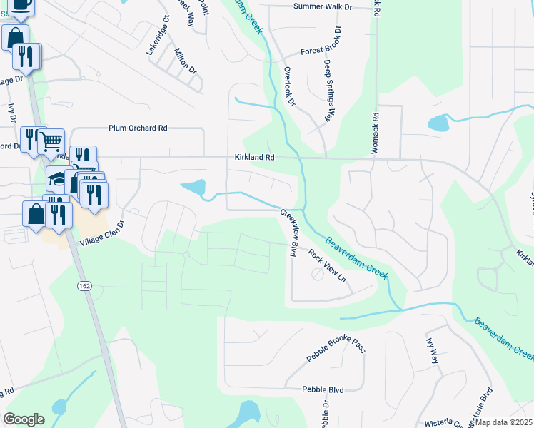map of restaurants, bars, coffee shops, grocery stores, and more near 240 Creekview Boulevard in Covington