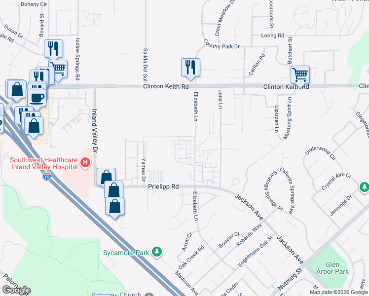 map of restaurants, bars, coffee shops, grocery stores, and more near 36351 Elizabeth Lane in Wildomar