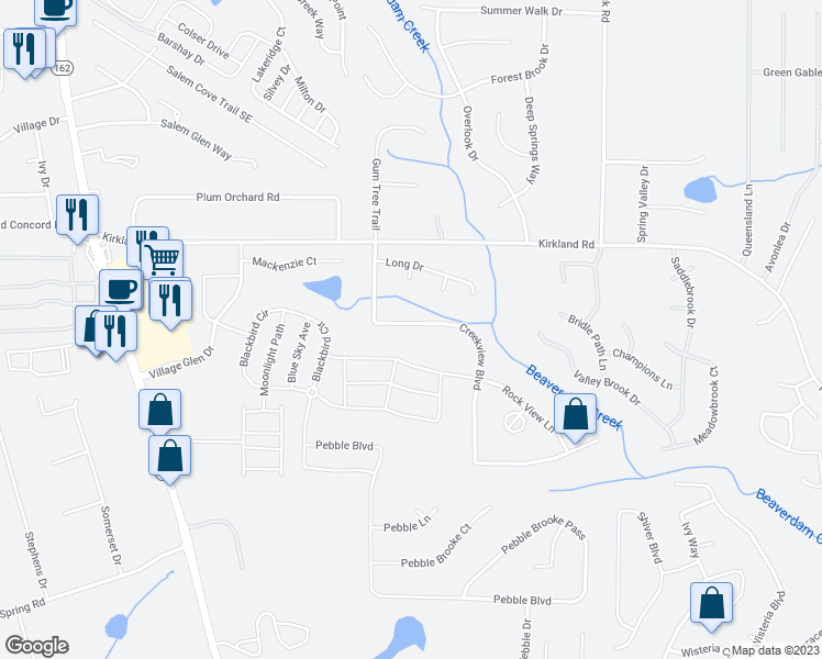 map of restaurants, bars, coffee shops, grocery stores, and more near 200 Creekview Boulevard in Covington