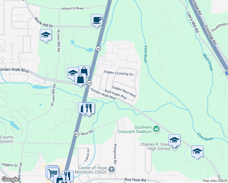 map of restaurants, bars, coffee shops, grocery stores, and more near 416 Eagles Flight Lane in Riverdale