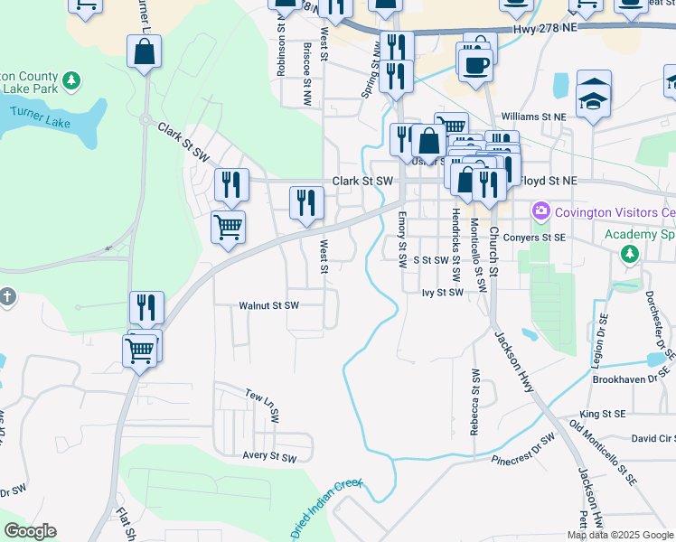 map of restaurants, bars, coffee shops, grocery stores, and more near 3169 Fowler Street Southwest in Covington