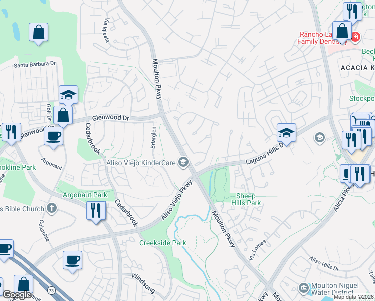 map of restaurants, bars, coffee shops, grocery stores, and more near 51 Oxbow Creek Lane in Laguna Hills