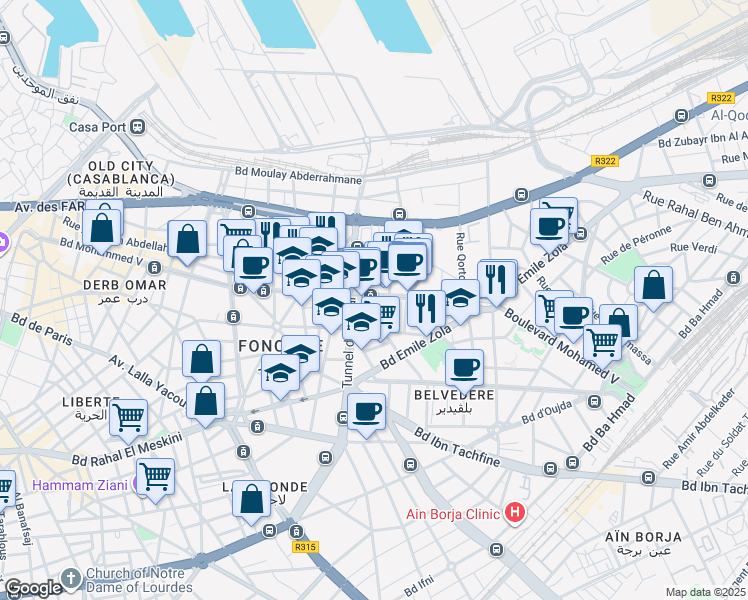 map of restaurants, bars, coffee shops, grocery stores, and more near 304 Boulevard Mohammed V in Casablanca