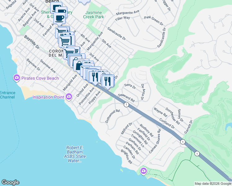 map of restaurants, bars, coffee shops, grocery stores, and more near 401 Seaward Road in Newport Beach
