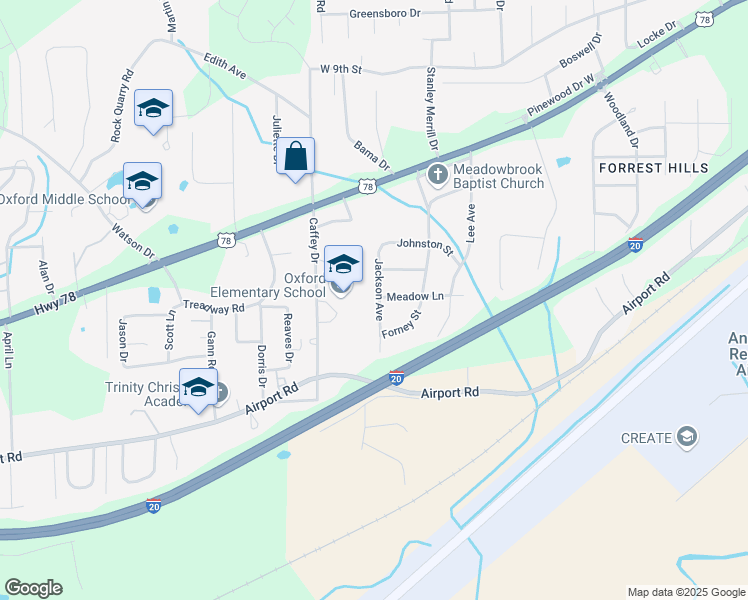 map of restaurants, bars, coffee shops, grocery stores, and more near 1400 Jackson Avenue in Oxford