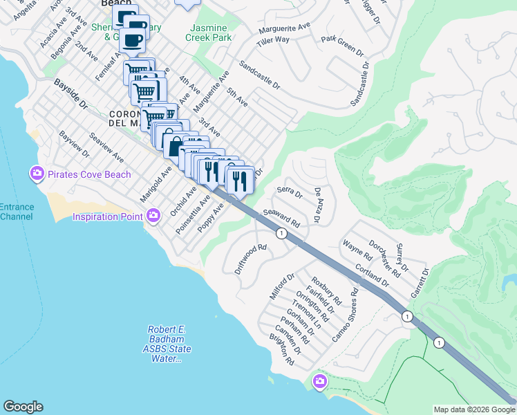 map of restaurants, bars, coffee shops, grocery stores, and more near 422 Hazel Drive in Newport Beach