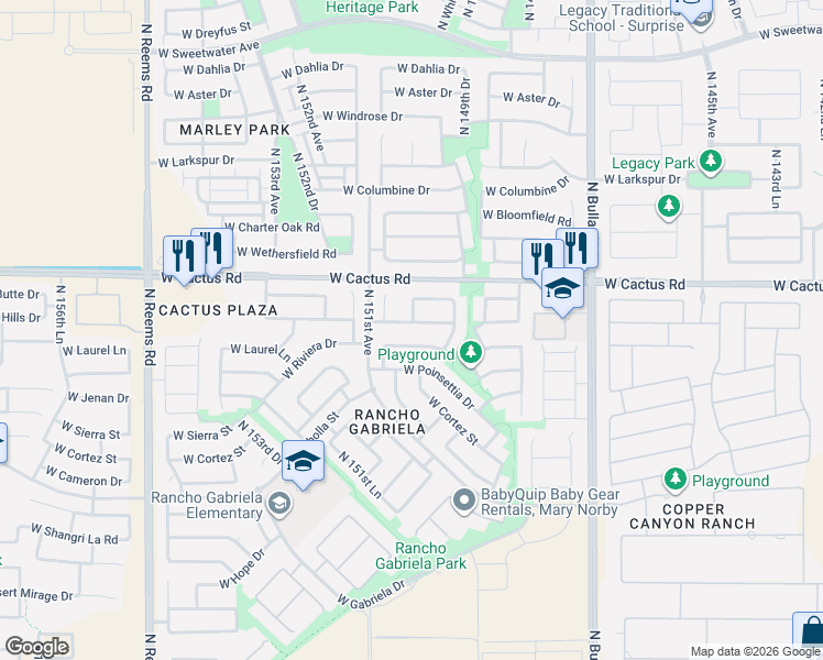 map of restaurants, bars, coffee shops, grocery stores, and more near 15009 West Shaw Butte Drive in Surprise