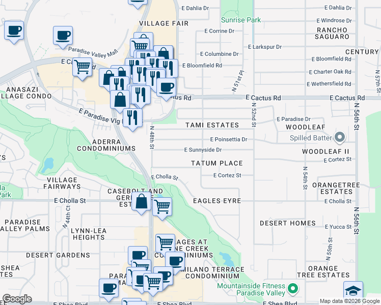 map of restaurants, bars, coffee shops, grocery stores, and more near 4909 East Poinsettia Drive in Scottsdale