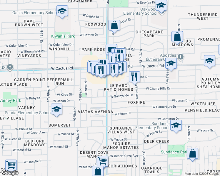 map of restaurants, bars, coffee shops, grocery stores, and more near 7438 West Paradise Drive in Peoria