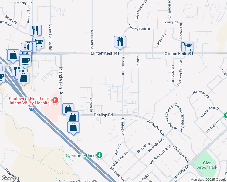 map of restaurants, bars, coffee shops, grocery stores, and more near Elizabeth Lane in Wildomar