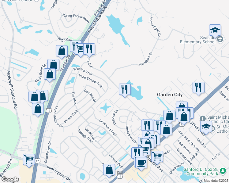 map of restaurants, bars, coffee shops, grocery stores, and more near 900 Winston Trail in Murrells Inlet