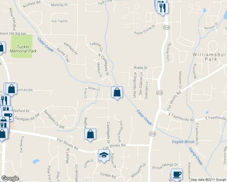 map of restaurants, bars, coffee shops, grocery stores, and more near 5914 North Castlegate Drive in Atlanta