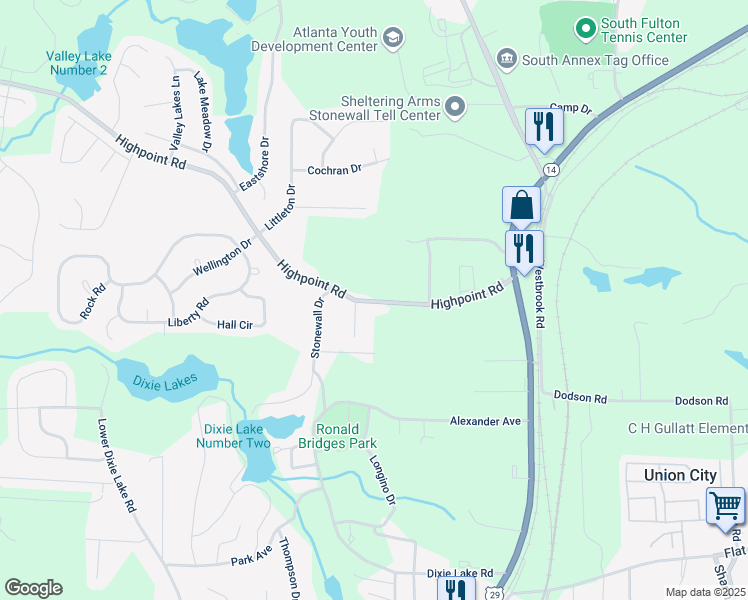 map of restaurants, bars, coffee shops, grocery stores, and more near 5109 Highpoint Road in Union City