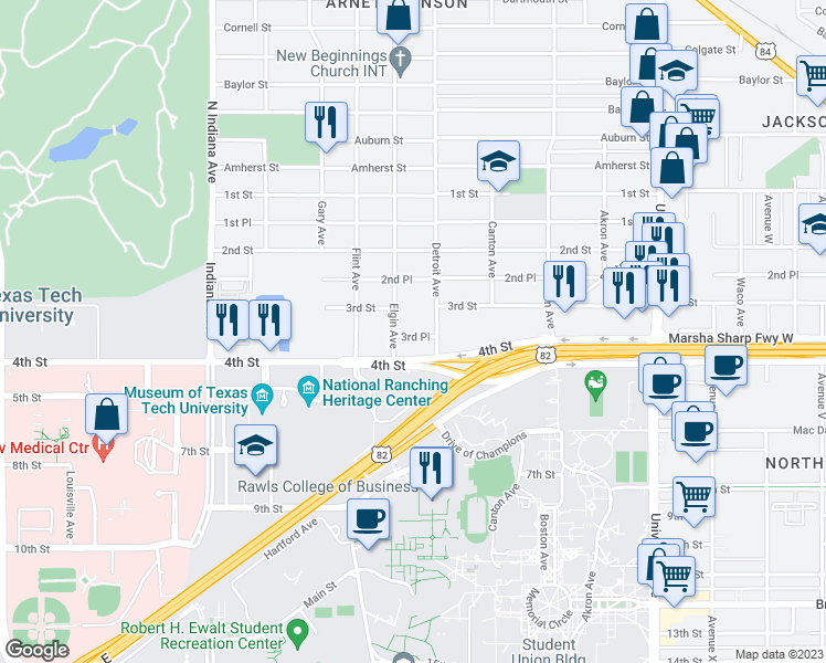 map of restaurants, bars, coffee shops, grocery stores, and more near 2902 3rd Place in Lubbock