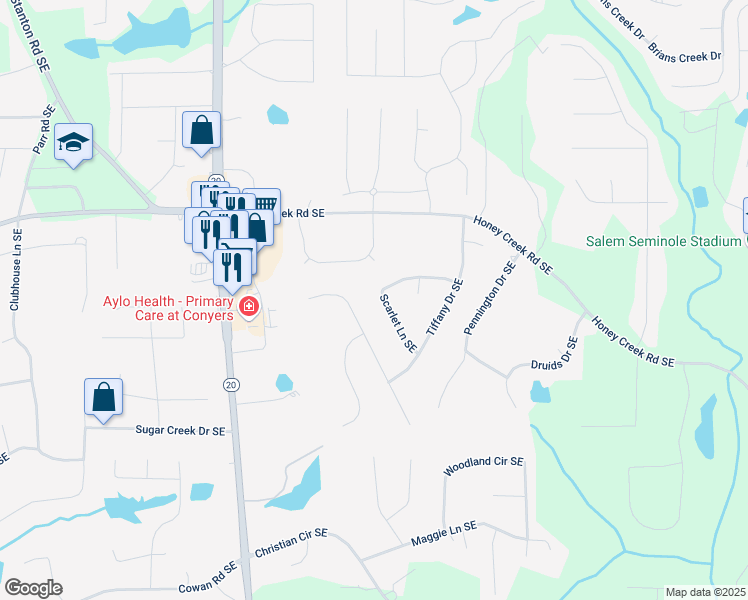 map of restaurants, bars, coffee shops, grocery stores, and more near 2416 Scarlet Lane Southeast in Conyers