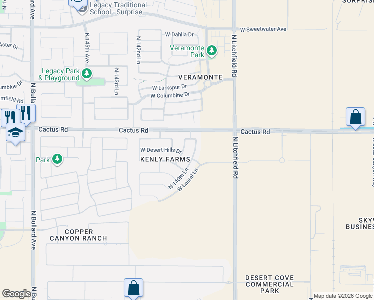 map of restaurants, bars, coffee shops, grocery stores, and more near 12126 North 141st Drive in Surprise