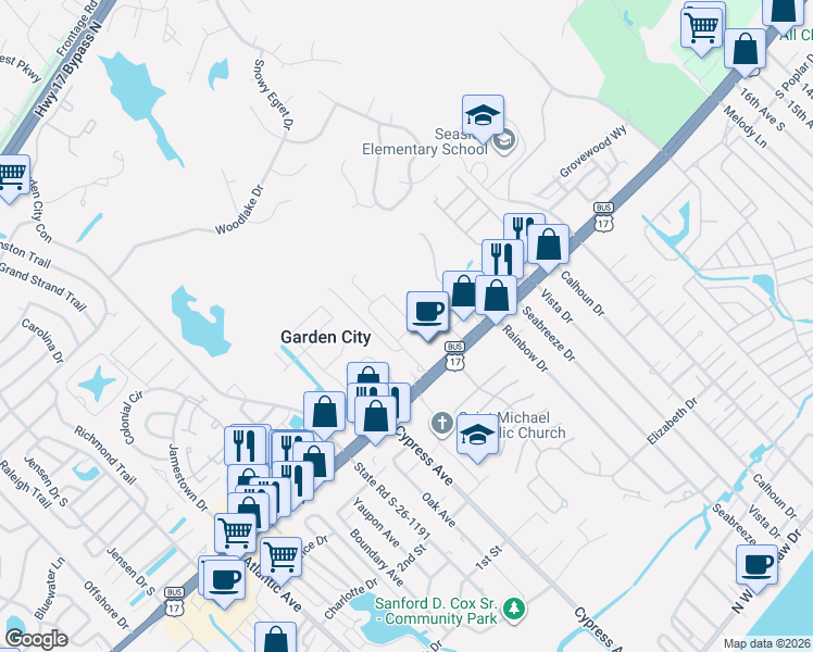 map of restaurants, bars, coffee shops, grocery stores, and more near 709 Ray Lane in Murrells Inlet