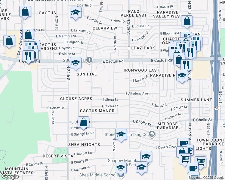 map of restaurants, bars, coffee shops, grocery stores, and more near 11640 North 27th Street in Phoenix