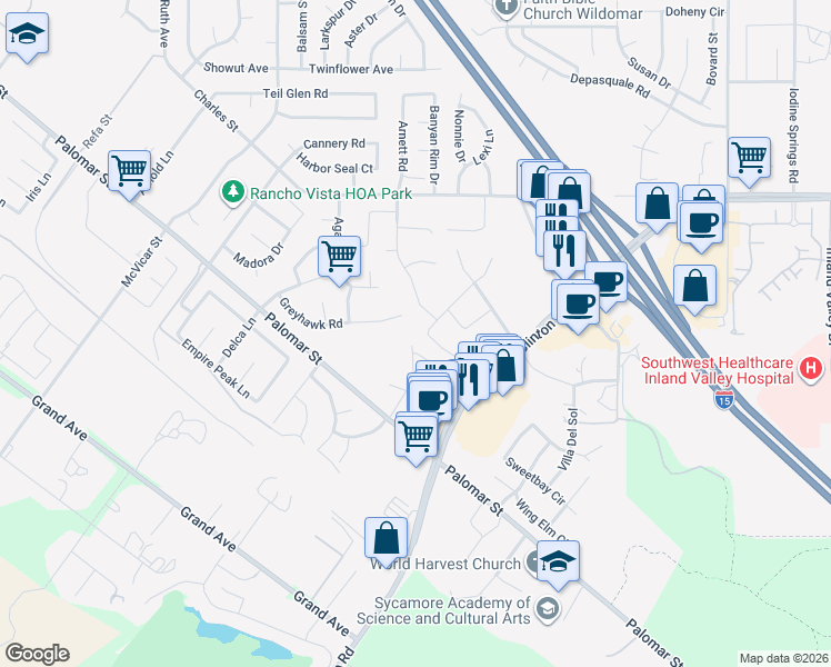 map of restaurants, bars, coffee shops, grocery stores, and more near 23318 Crystal Way in Wildomar