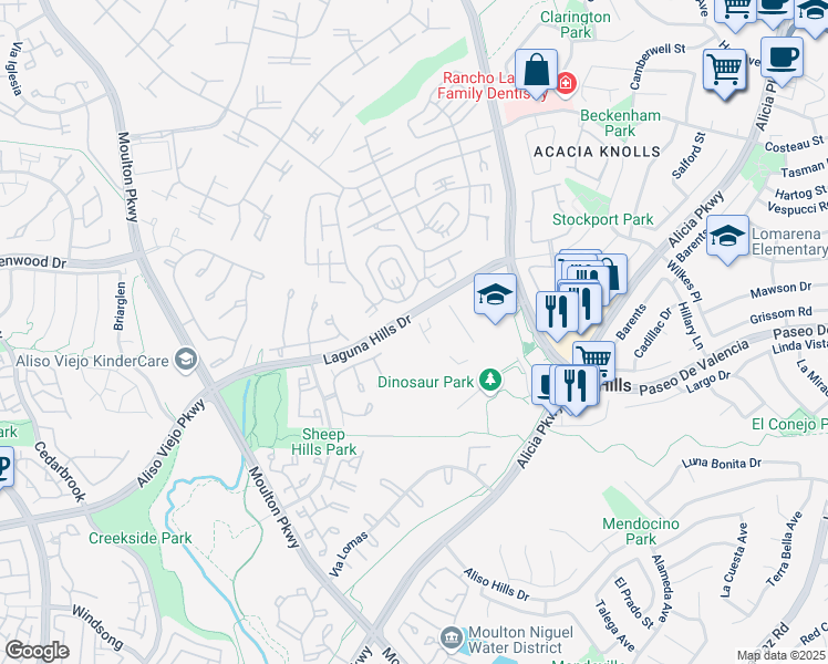 map of restaurants, bars, coffee shops, grocery stores, and more near 25401 Paseo De Valencia in Laguna Hills
