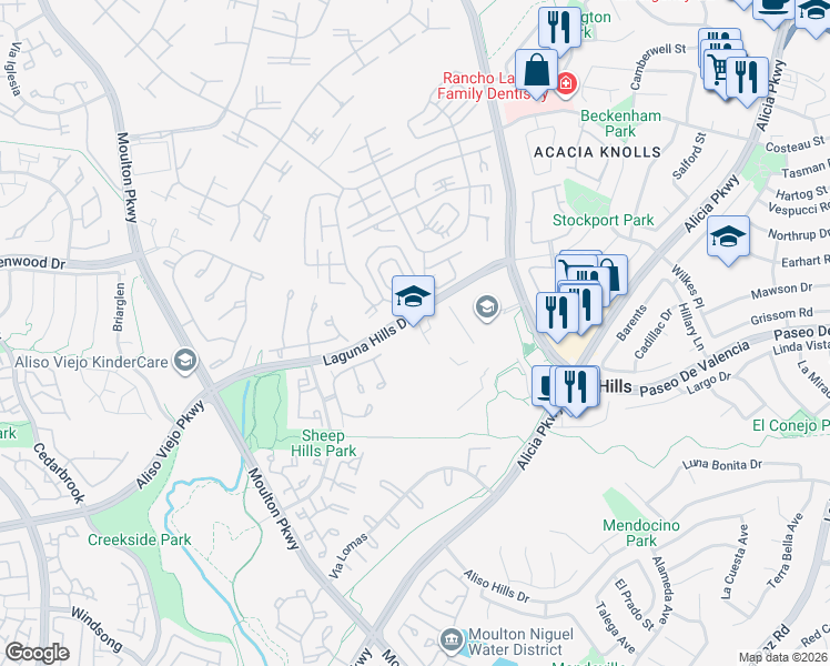 map of restaurants, bars, coffee shops, grocery stores, and more near 25401 Paseo De Valencia in Laguna Hills