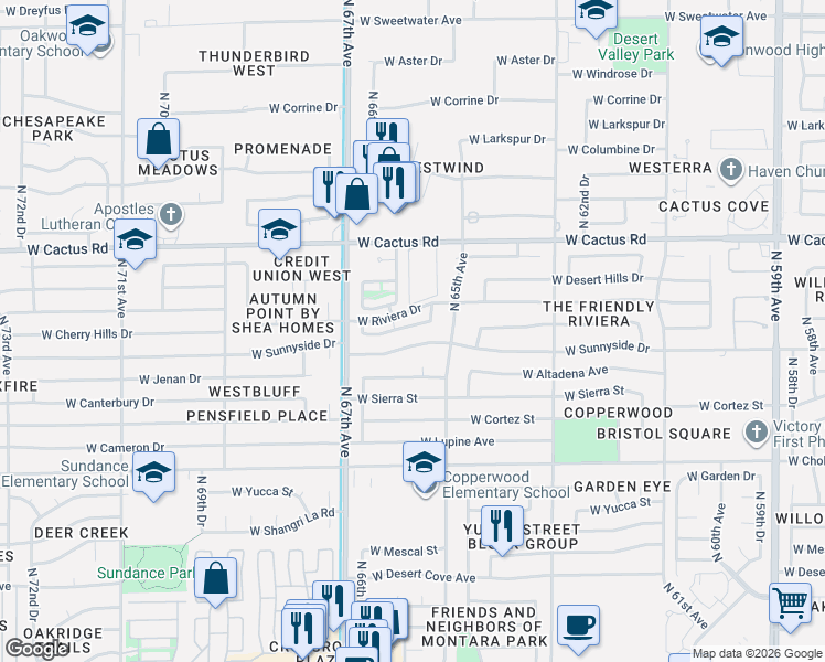 map of restaurants, bars, coffee shops, grocery stores, and more near 6524 West Poinsettia Drive in Glendale