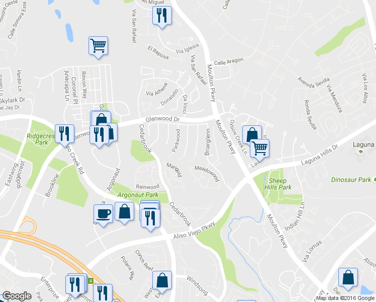 map of restaurants, bars, coffee shops, grocery stores, and more near 26 Windflower in Aliso Viejo