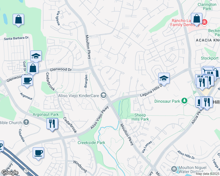 map of restaurants, bars, coffee shops, grocery stores, and more near 9 Hidden Creek Lane in Laguna Hills